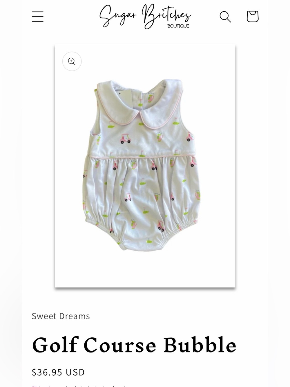 Girls 18 months Sweet Dreams White Bubble Romper with Pink & Green Golf Print